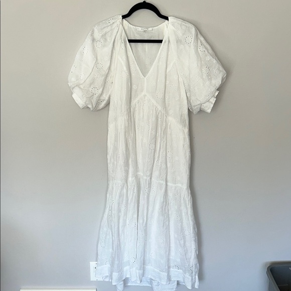 Frame Broderie Anglaise Ramie Puff Sleeve Midi Eyelet Dress in White - Picture 5 of 16